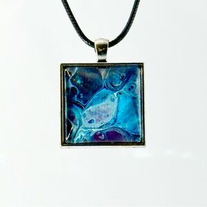 Artistic Blue and Silver Square Pendant Necklace